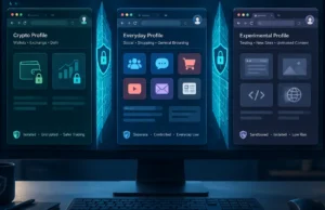 Browser Compartmentalisation for Crypto Users: Keep Wallet Activity Separate From Everyday Tabs Illustration of separate browser profiles for crypto, everyday browsing and testing