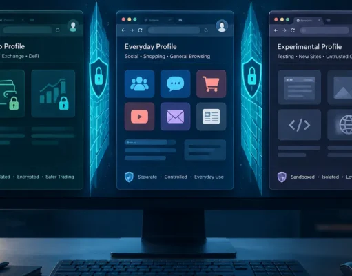 Browser Compartmentalisation for Crypto Users: Keep Wallet Activity Separate From Everyday Tabs Illustration of separate browser profiles for crypto, everyday browsing and testing