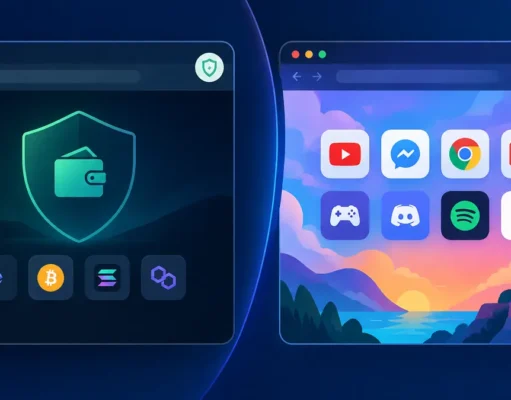 One Browser Is Not One Security Zone: Separate Your Crypto Profile From Games and Everyday Browsing Illustration of separate browser profiles for crypto activity and everyday browsing